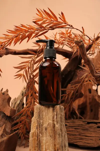 Kahverengi kuru kozalaklı ahşap arka planda gerekli şişe.