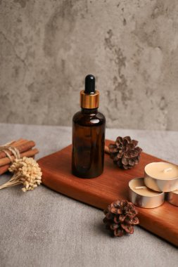 Kuru okaliptüs dallı doğal yağ şişesi, okaliptüs ve gri masadaki tahta tahta.