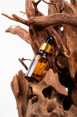 Ahşap bir yüzey üzerinde çam kozalaklı, gerekli yağ şişesi.