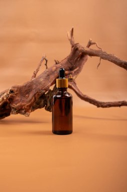Bej arka planda kuru yaprakları olan bir şişe parfüm. Metin için boşluk