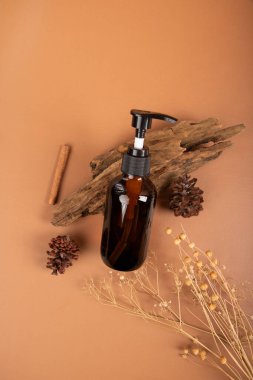 kahverengi yağ şişesi, tarçın çubukları, anason, köknar ağacı dalları, bej arka planda. en üstteki görünüm