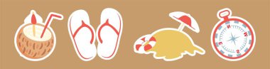  Tropical Summer Vacation Icons with Flip-Flops, Coconut Drink, and Beach Towel clipart