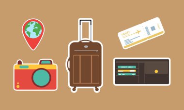 Travel Essentials Sticker Set with Suitcase, Camera, Ticket, and Wallet Icons clipart