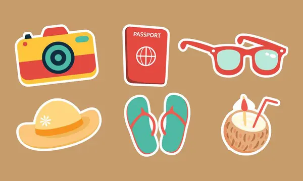 stock vector Summer Vacation Travel Icons Set with Camera, Passport, and Flip-Flops