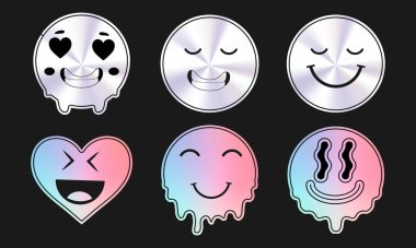 Metalik Emoji Etiketi Seti Dijital ve Grafik Tasarım İçin İfade Yüzleri