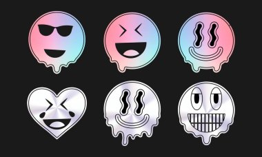 Metalik Emoji Etiketi Seti Dijital ve Grafik Tasarım İçin İfade Yüzleri