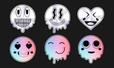 Metalik Emoji Etiketi Seti Dijital ve Grafik Tasarım İçin İfade Yüzleri
