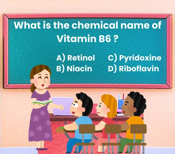 Öğretmen sınıftaki öğrencilerden B6 vitamininin kimyasal adı hakkında soru soruyor