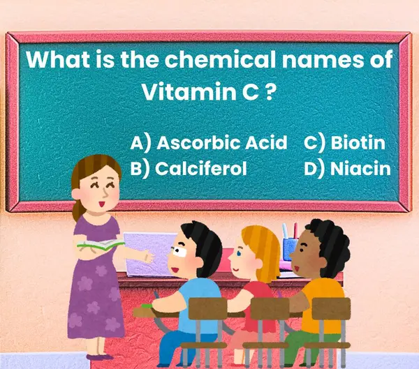 Öğretmen sınıftaki öğrencilerden C vitamininin kimyasal adı hakkında soru soruyor