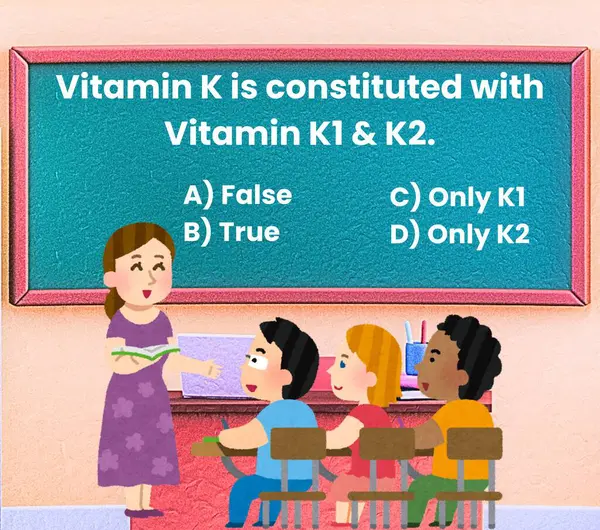 Öğretmen sınıftaki öğrencilerden K1 + K2 vitamininin kimyasal adı hakkında soru soruyor