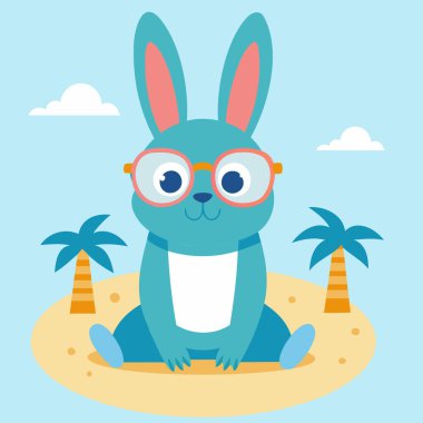 Kumsalda güneş gözlüklü sevimli küçük tavşan.