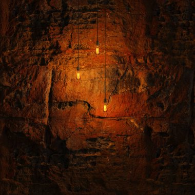 Edison lambasıyla Karanlık Taş Duvar 3D Yanar