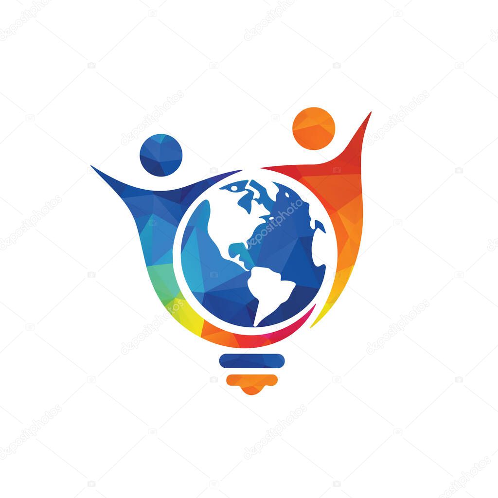 People with globe and lightbulb icon vector logo design.