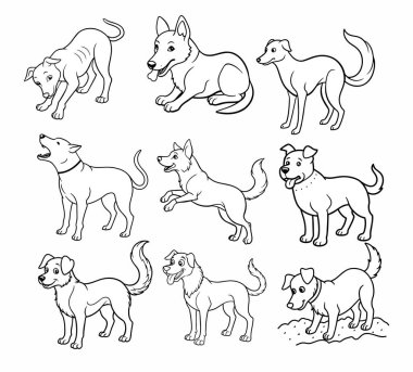 Farklı cinslerin vektör kümesi ve köpek davranışları, beyaz arka planda izole edilmiş..