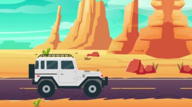 2d Jeep araba çizgi filmi çölde animasyon, döngü hareketi soyut arka plan, seyahat, tur, konsept
