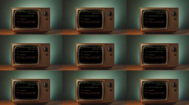 Eski 90 'lar, arıza efektli çoklu crt monitörü, hasar vhs, kötü televizyon sinyali, bozuk video animasyon arka planı