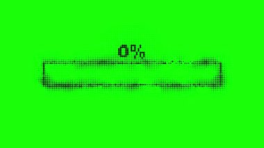 yeşil ekran pikselleştirilmiş yükleme çubuğu, retro işlem çubuğu göstergesi 0 'dan 100' e yükseliyor, bilgisayar ekranının soyut arkaplan canlandırmasını bekliyor
