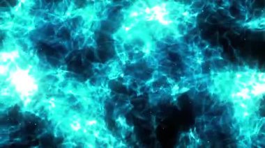 Yıldızların içinden uçmak ve uzayda mavi nebula. Soyut evren arka planında rüzgarda uçan parçacıklar