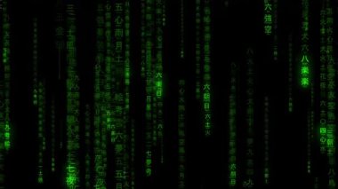 Dijital veri animasyonu, siyah arkaplanda izole edilmiş matris yağmuru