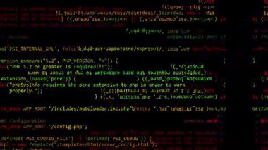 Dijital grunge büyük veri kodlama animasyon arka planı, ikili ve kuantum hesaplama programlama konsepti, ve yüksek teknoloji siber uzay.