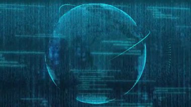 3D dönüşümlü dünya küresi matriksi düşen kod animasyonu, veri iletimi konsepti, telekomünikasyon konsepti