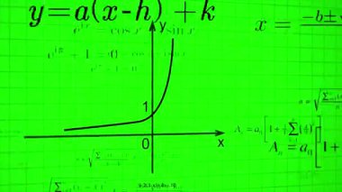 Kamera yeşil ekran arkaplanındaki matematik formülleri, matematik hesaplamaları, cebir denklemleri üzerinden uçar. Bilimsel ve eğitici konsept
