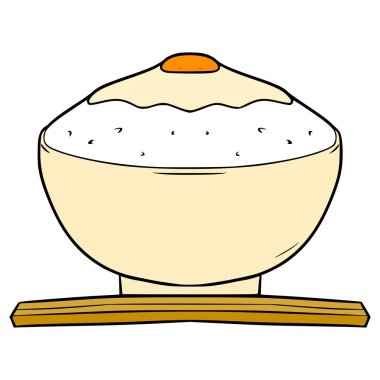 Bir kase pilav ve güneşli tarafı yumurta kabartmalı el çizimi izole edilmiş vektör.