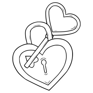 kalp şeklinde asma kilit ve anahtar illüstrasyon el çizimi ana hat vektörü