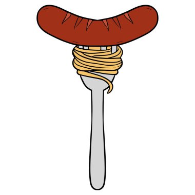 spagetti ve sosis bir çatal çizim elde izole edilmiş vektör.