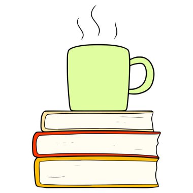 kitap yığınları ve kupa kahve illüstrasyon el çizimi izole vektör