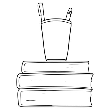 kitap yığınları ve kalem kabı çizim el çizimi ana hatlı vektör