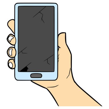 El ele tutuşan kırık cep telefonu çizimi el izole edilmiş vektör