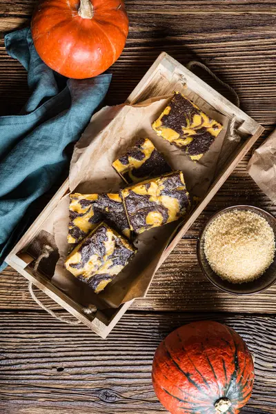 Könnyű Finom Őszi Desszert Sütőtök Örvénylő Brownie Stock Kép
