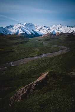 Karla kaplı Alaska dağlarına ve bereketli vadilerden geçen dolambaçlı bir nehre bir mucize. Doğa, macera ve sükunet temaları için idealdir. Alaska 'nın el değmemiş ve görkemli manzaralarını sergilemek için..