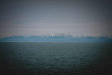Uzaktaki kar kaplı dağlarla geniş Alaska ufkunun çarpıcı görüntüsü, huzur ve huzur hissi uyandıran sakin ve görkemli bir manzara yaratıyor..