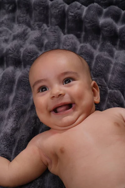 Portrait Smiling Baby Boy Infant Soft Gray Blanket Copy Space — Stock Photo, Image