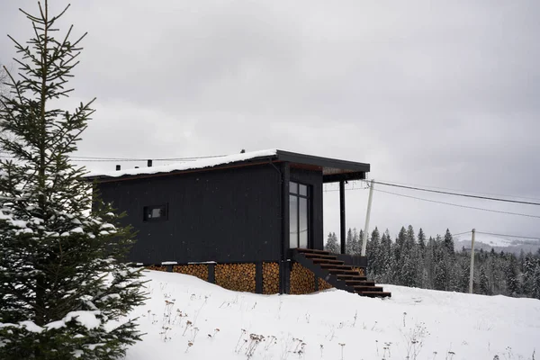 Черный Деревянный Домик Снежном Сосновом Лесу — стоковое фото