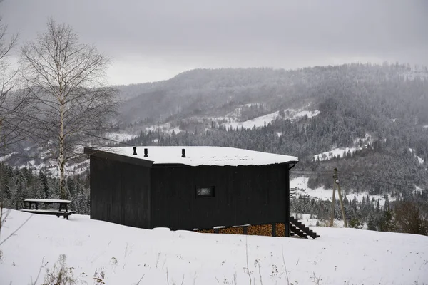 ウクライナの雪の松林を眺めながら黒い木製の小さなキャビン — ストック写真