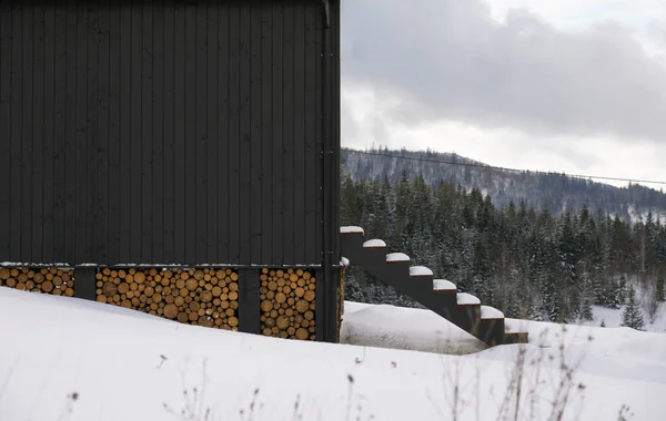 コピースペースの下に積層薪と黒の木造住宅の側面図 — ストック写真