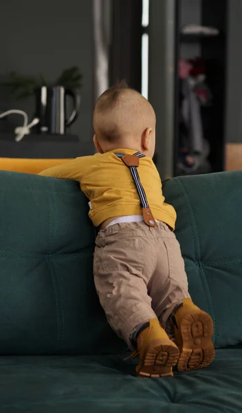 Visão Traseira Uma Criança Infantil Roupas Amarelas Sofá Verde — Fotografia de Stock