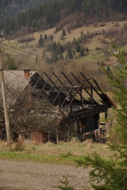 Ukrayna 'nın dağlarındaki yanmış eski bir evin kalıntıları.