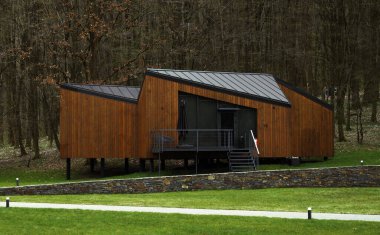 Ormanda fotokopi alanı olan, modern ahşap kahverengi bir ev.