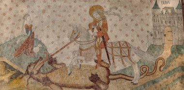 Aziz George ve Ejderha, Aarhus katedrali, Danimarka 'da eski bir duvar resmi, 14 Mayıs 2014