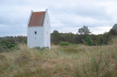 Kum Kulesi 14. yüzyıldan kalma kiliseyi çim, Skagen, Danimarka, 30 Mayıs 2024 ile dolu kum tepelerine gömdü.