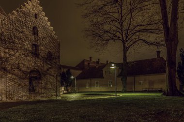 Roskilde Katedrali ve sarı saray yumuşak bir ışıkta, Danimarka, 7 Kasım 2024
