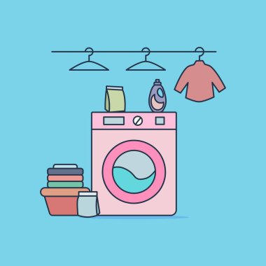 Çamaşır makinesi, çamaşır ve çamaşır sabunu olan bir çamaşırhanenin vektör çizimi..