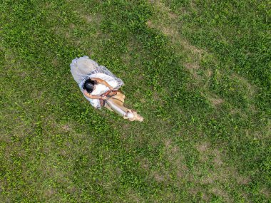 Yeşil çayırda ata binen kişinin hava görüntüsü