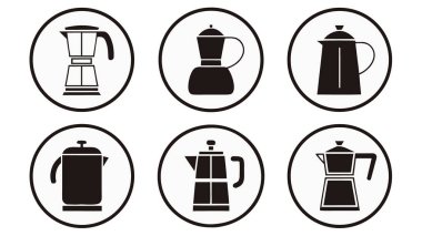 Siyah beyaz altı farklı kahve makinesi ikonu koleksiyonu