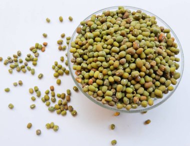 Beyaz arka planda beyaz tabakta mung fasulyesi