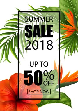 Yaz indirimi afişi. Tropikal arka plan. Palmiye yapraklı egzotik yaz konsepti. vektör illüstrasyonu.